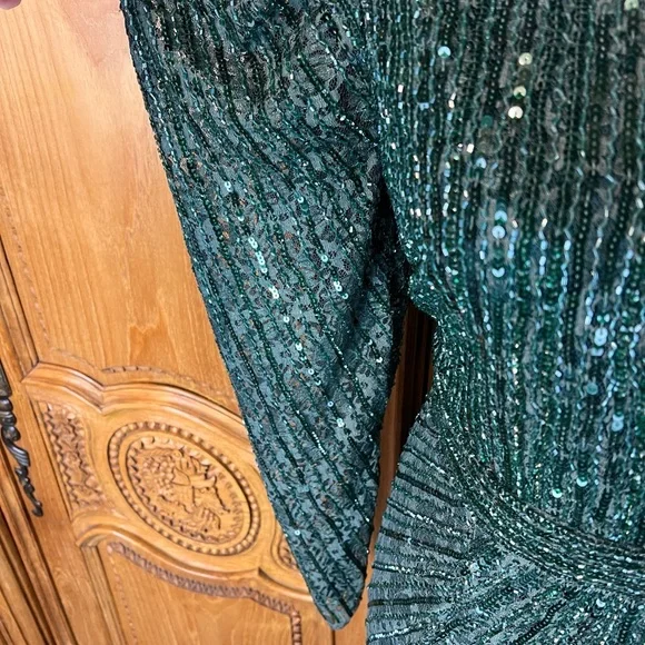 NEW Mac Duggal 93676 Bead Lace Long Sleeve Midi Dress Emerald Holiday Wicked - Picture 5 of 11